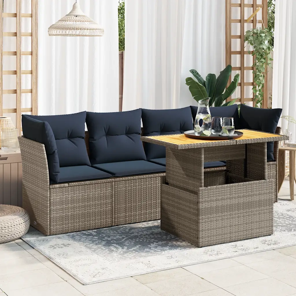 Set Divano da Giardino 5 pz con Cuscini Grigio in Polyrattan