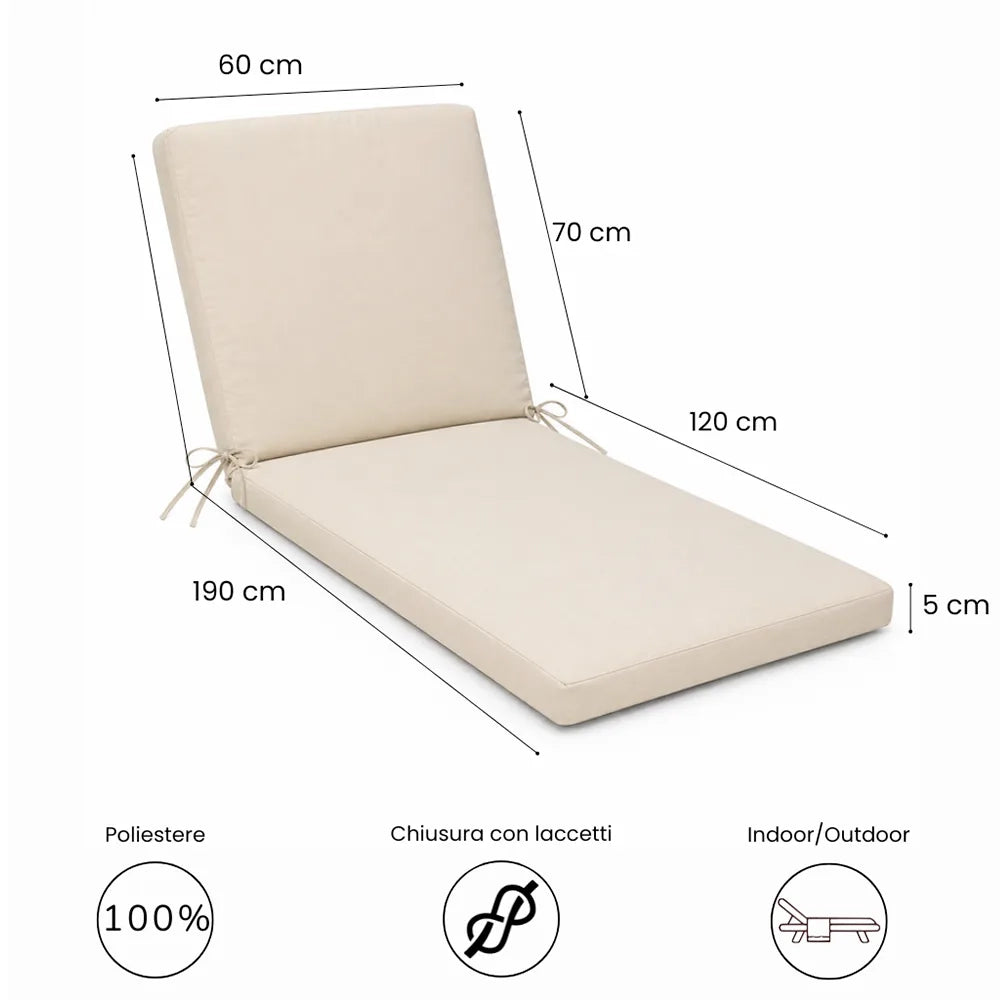 Cuscino per lettino da esterno 190x60 cm con schienale reclinabile e laccetti in poliestere – Beige
