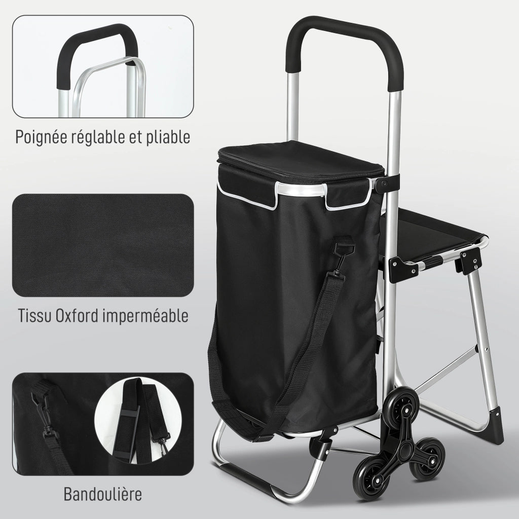 Carrello per la spesa pieghevole con sedia e sacchetto ¨C Zephmum ¨C Nero 46x59.5x97cm