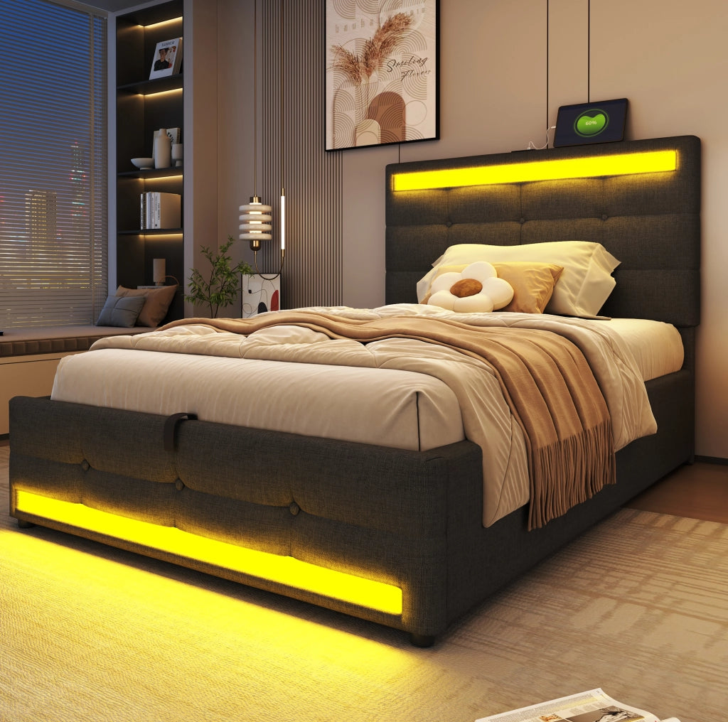 Letto imbottito 90x200 cm con LED RGB; USB e testiera regolabile in tessuto grigio