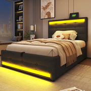 Letto imbottito 90x200 cm con LED RGB; USB e testiera regolabile in tessuto grigio