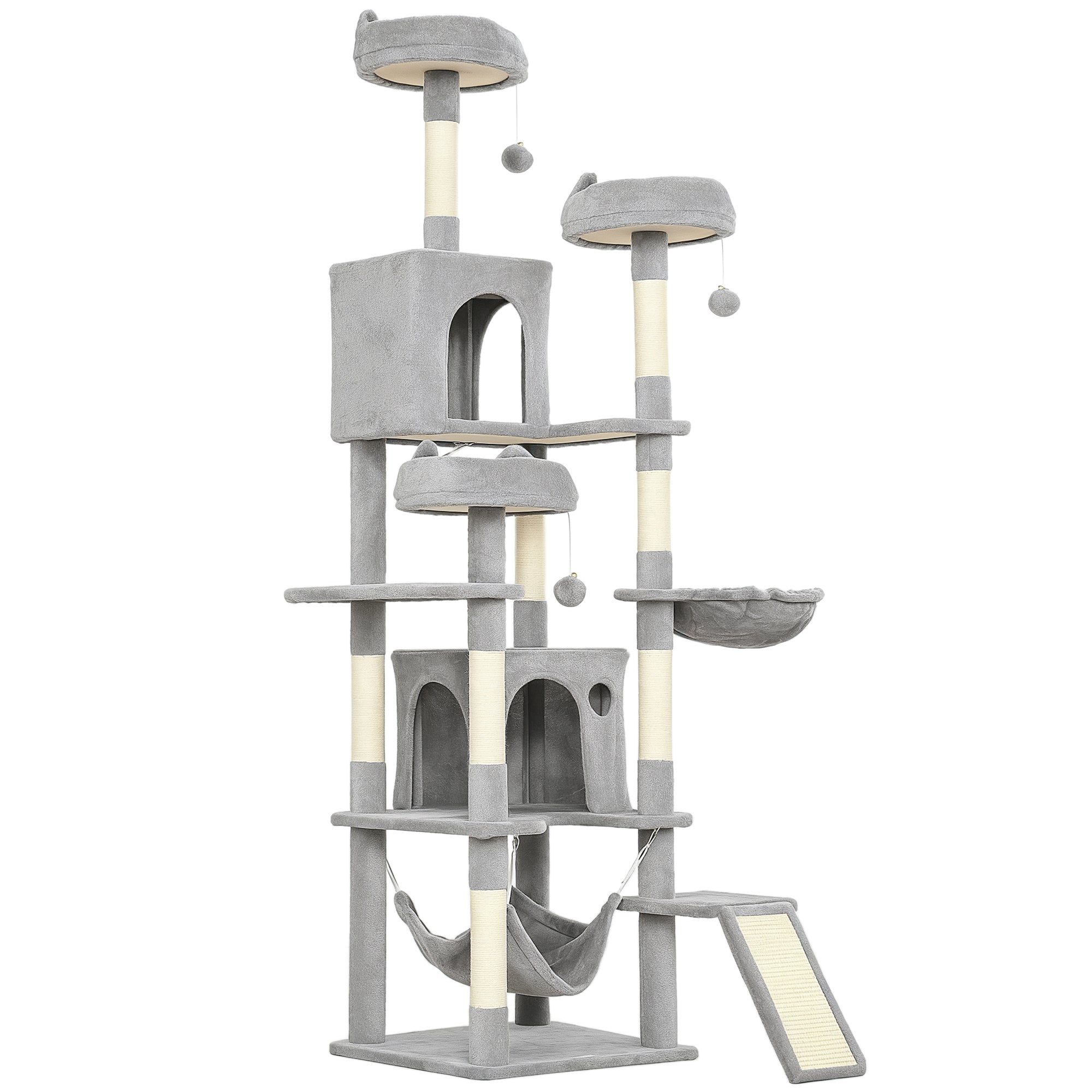 Albero Tiragraffi per Gatti 48x48x192 cm con Amache e Casette in Sisal e Peluche Grigio e Crema