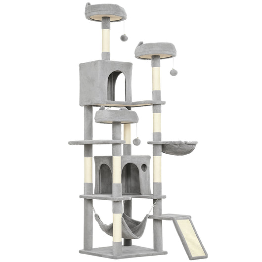 Albero Tiragraffi per Gatti 48x48x192 cm con Amache e Casette in Sisal e Peluche Grigio e Crema