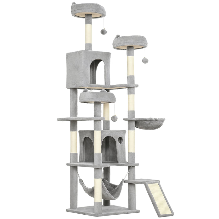Albero Tiragraffi per Gatti 48x48x192 cm con Amache e Casette in Sisal e Peluche Grigio e Crema