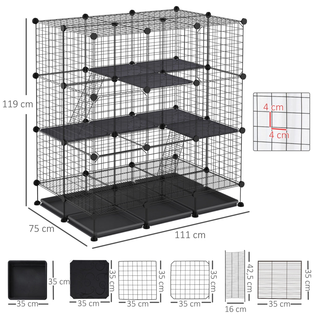 Recinto per Roditori Modulabile 3 Livelli 4 Porte ¨C zephmum ¨C Griglia Metallo Nero 111x75x119 cm