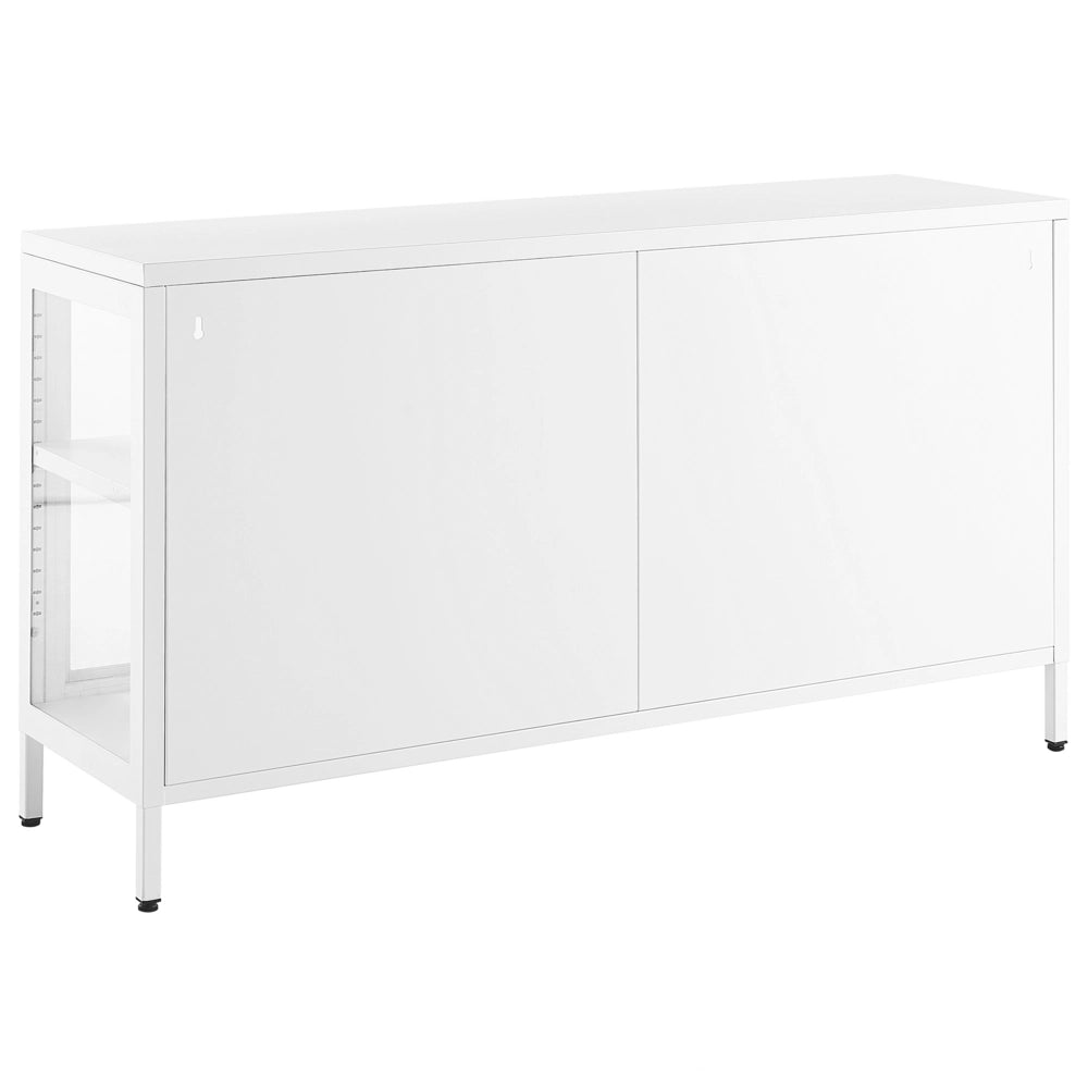 Credenza in metallo bianco 115 x 35 cm 3 ante ripiani in vetro temperato gambe soggiorno moderno