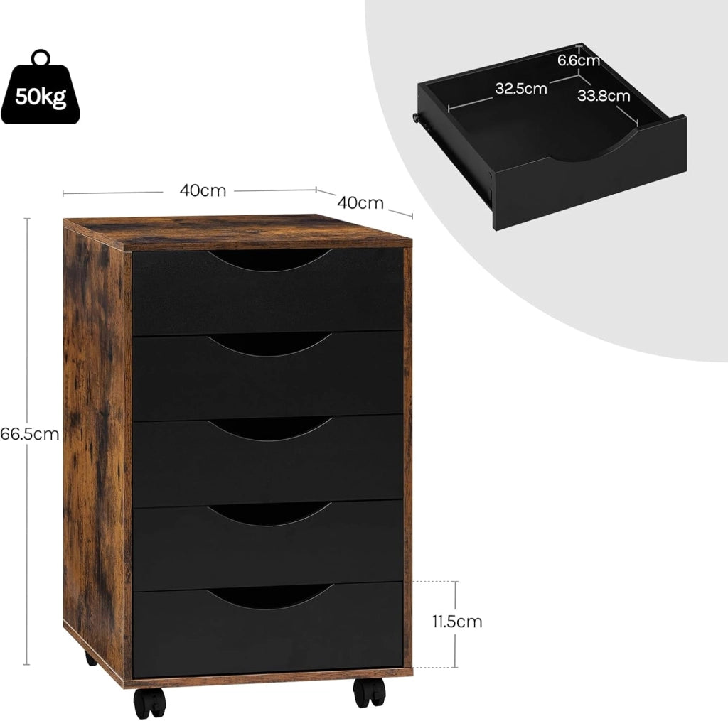 Scrivania a Piedistallo con 5 Cassetti, Schedario Rotante, Comodino, Mobile per Ufficio, Camera da Letto, in Legno Ingegnerizzato PB, Marrone Rustico, 40x40x66,5cm