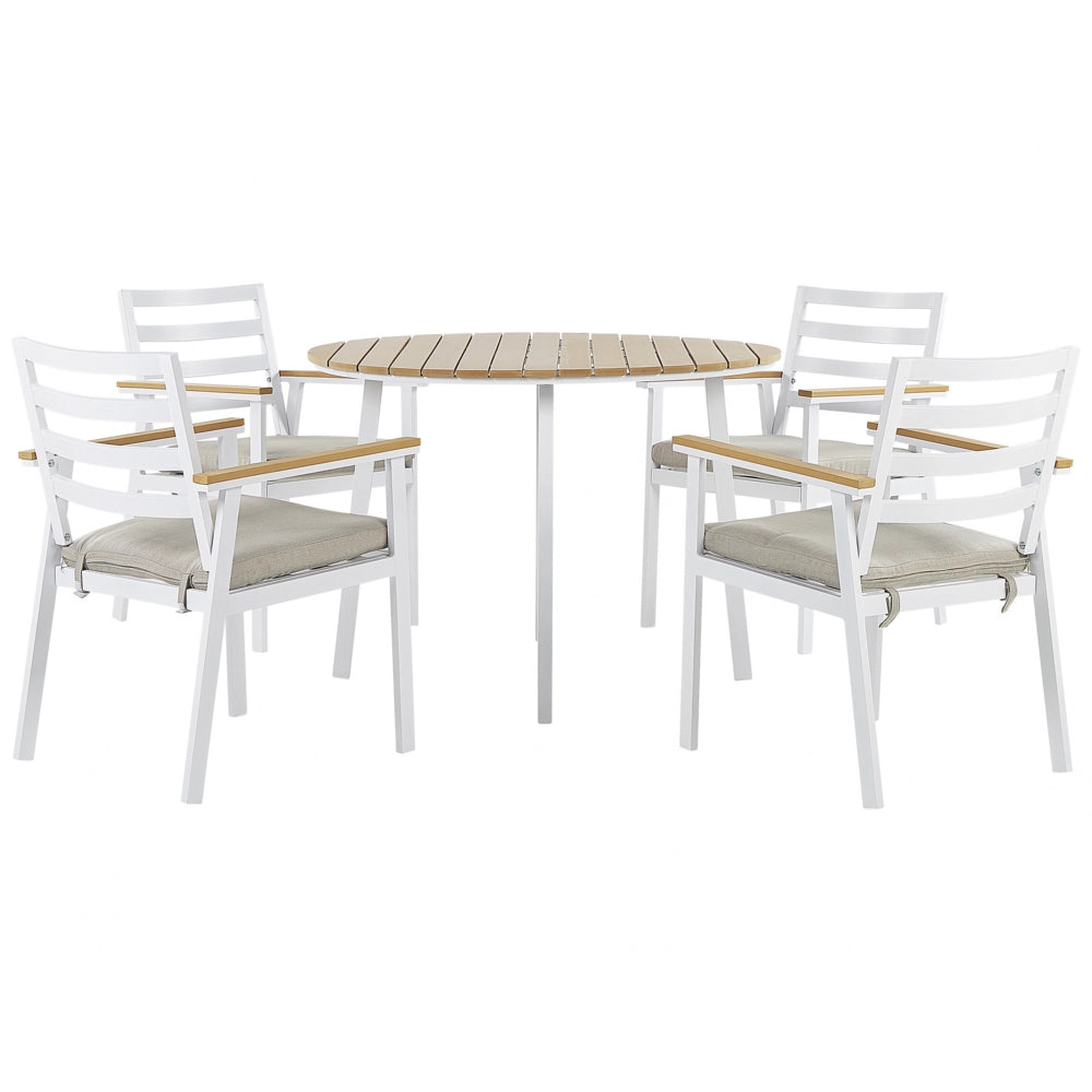Set da pranzo all'aperto Tavolo rotondo a 4 posti in alluminio bianco da 105 cm Sedie a doghe con imbottiture per sedile beige