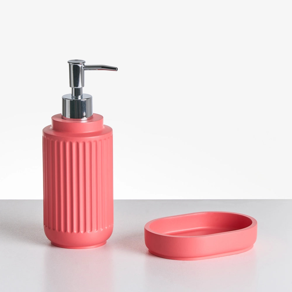 Set di 5 accessori da bagno in poliresina rosso Dispenser per sapone Portaspazzolino Porta spazzolino da bagno