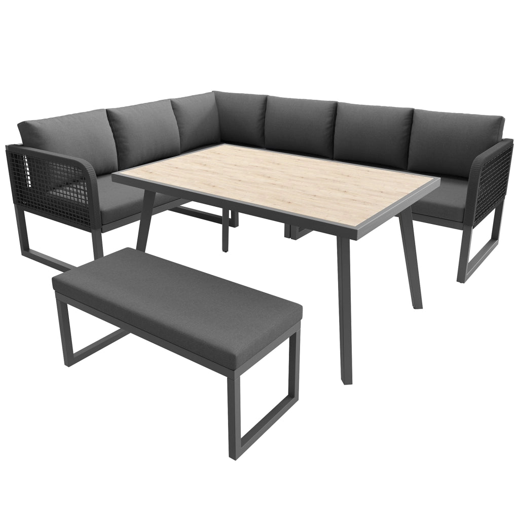 Set divano da giardino modulare 6 posti in PE rattan grigio con tavolino in vetro
