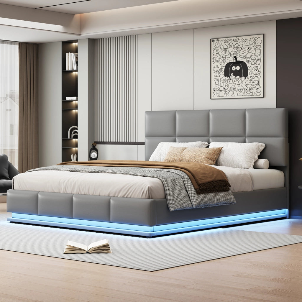 Letto Contenitore Matrimoniale 180x200 cm; LED e Testiera Regolabile in PU Grigio