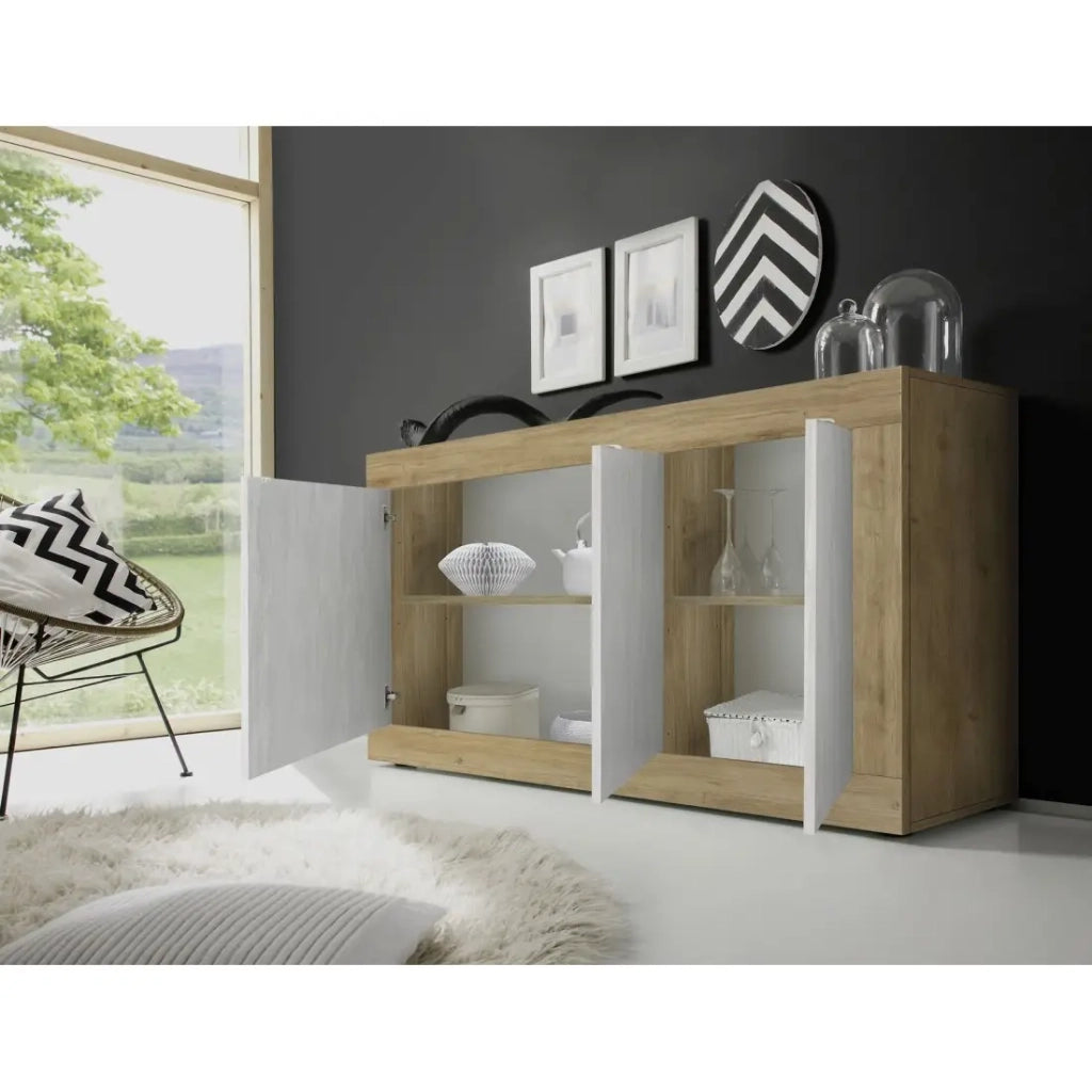 Buffet a 3 ante collezione ACCESS. Colori bianco e rovere chiaro