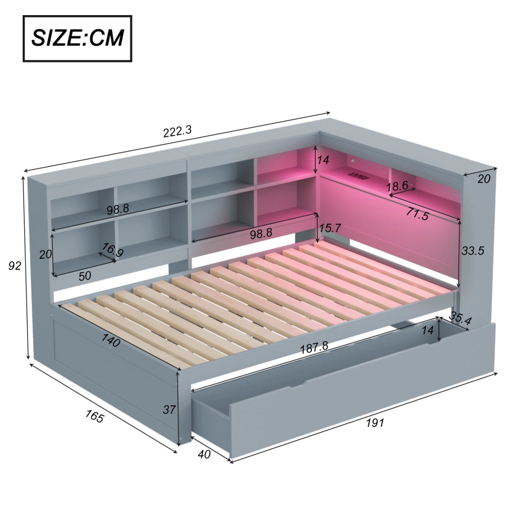 Divano letto 140x200 cm con contenitore; USB e LED in legno grigio