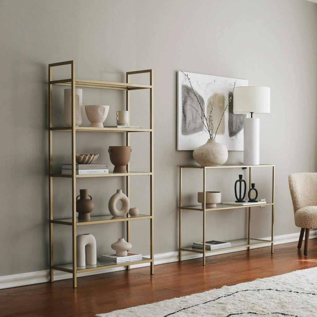 Libreria Stratonice, Scaffale da ufficio, Mobile portalibri, Biblioteca, 80x30h165 cm, Oro