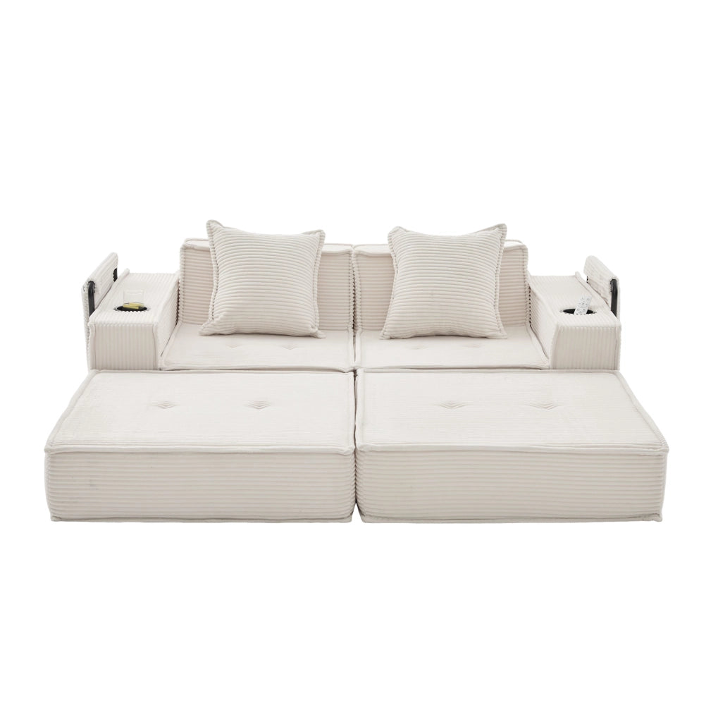 Divano pouf modulare beige in velluto a coste con 2 cuscini