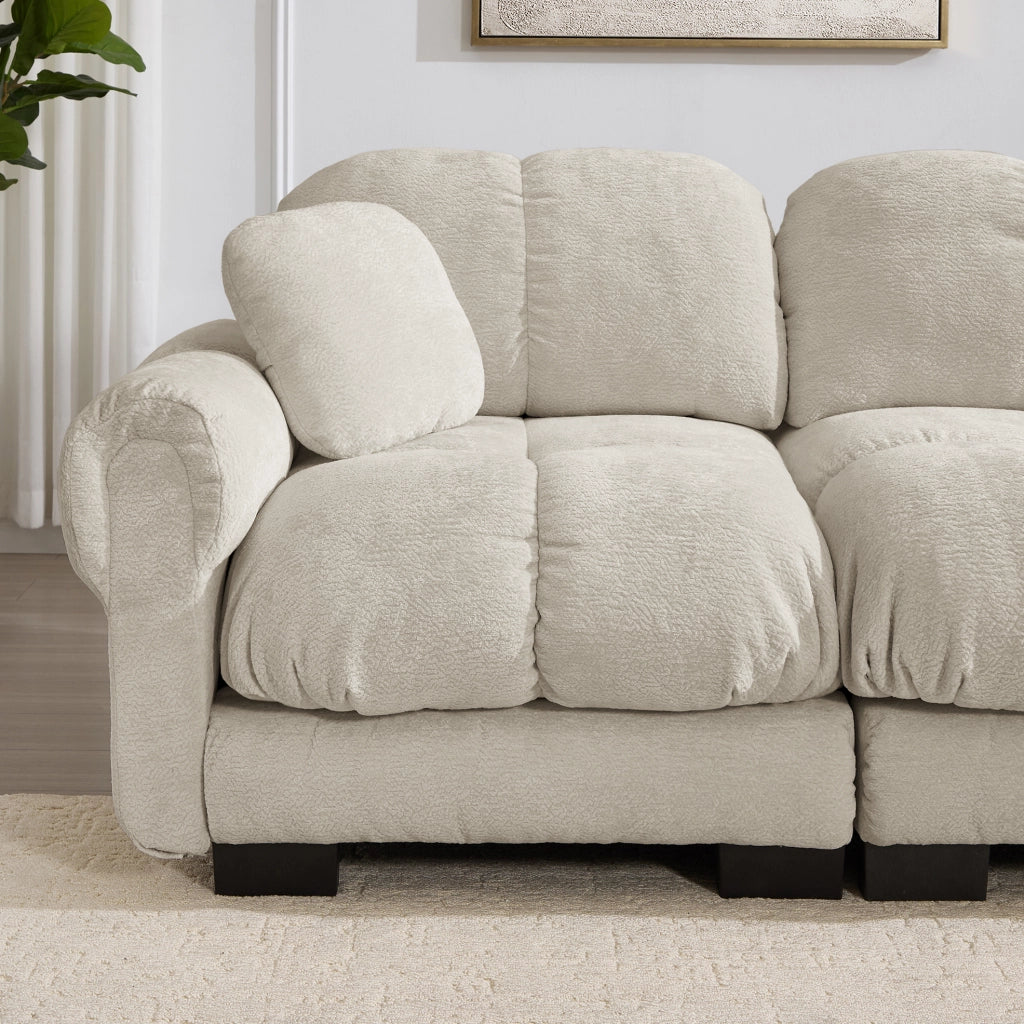 Divano modulare in chenille 260x86x90 cm con seduta trapuntata; cuscino incluso; kaki chiaro