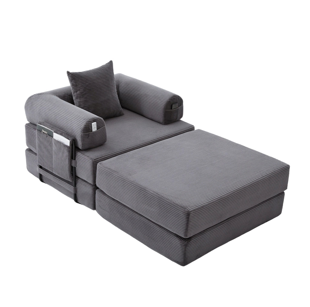Divano modulare in velluto a coste grigio scuro 112x190x67 cm con pouf e tasca laterale