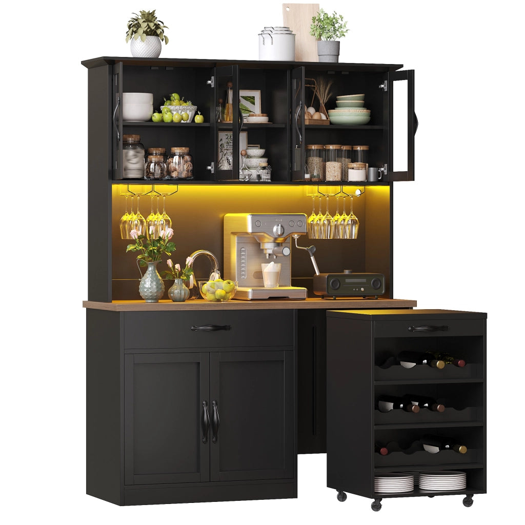 Armadio cucina 140 cm con carrello estraibile, illuminazione LED dimmerabile, 4 ante in vetro, cassetto e portabottiglie, nero