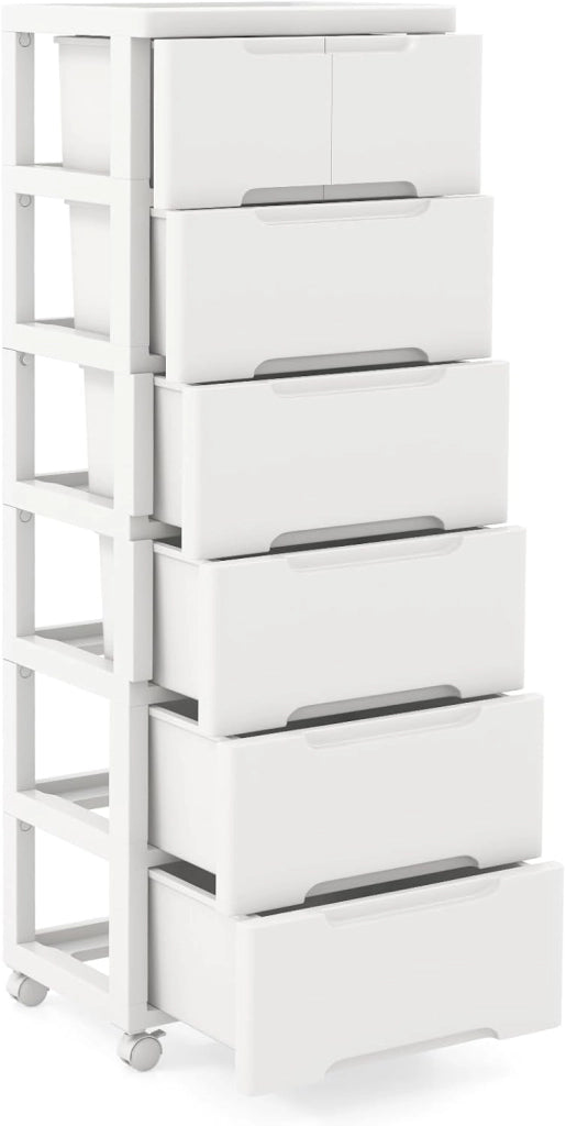 Armadietto per nicchia con ruote, scaffale per nicchia con 7 cassetti, carrello stretto con serratura a rotelle, carrello da bagno con piccolo armadio a cassetti 40 x 32 x 114 cm, bianco