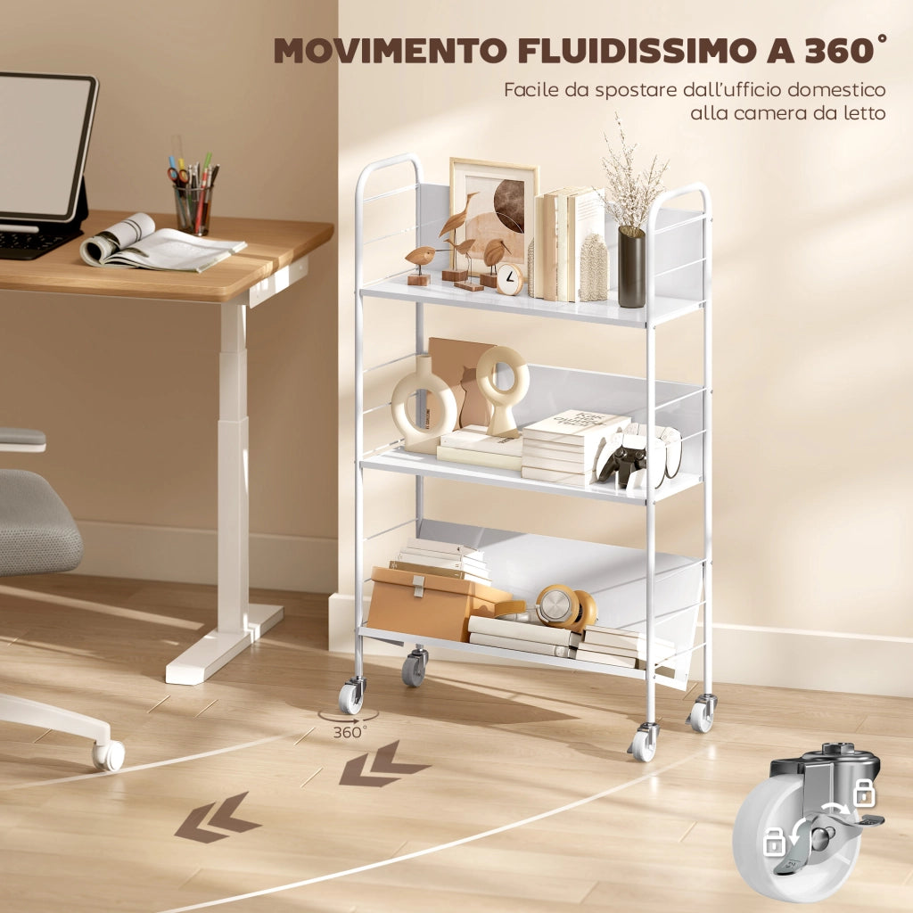 Carrello Portalibri Moderno a 3 Livelli 69x26x108 cm con Ruote Girevoli in Metallo e PP Bianco