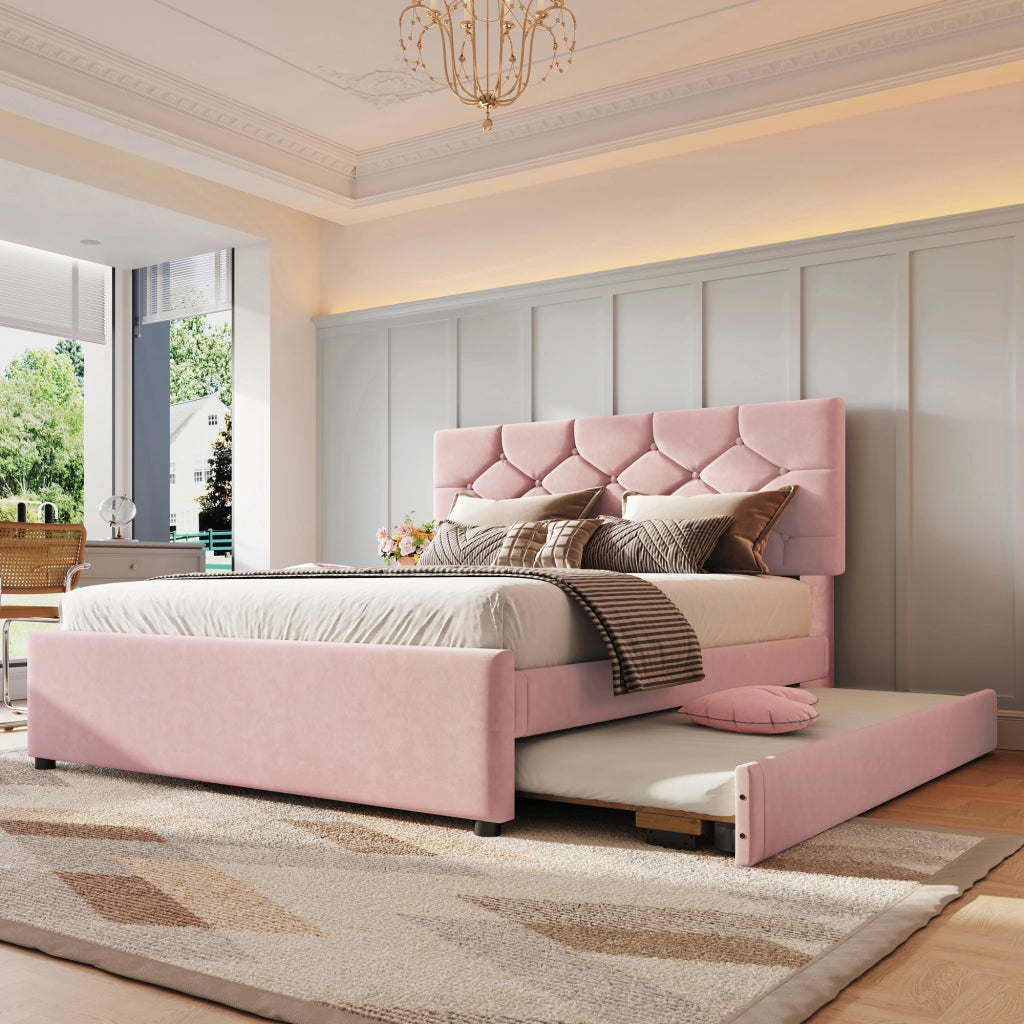 LETTO 140x200 cm in velluto rosa con letto estraibile
