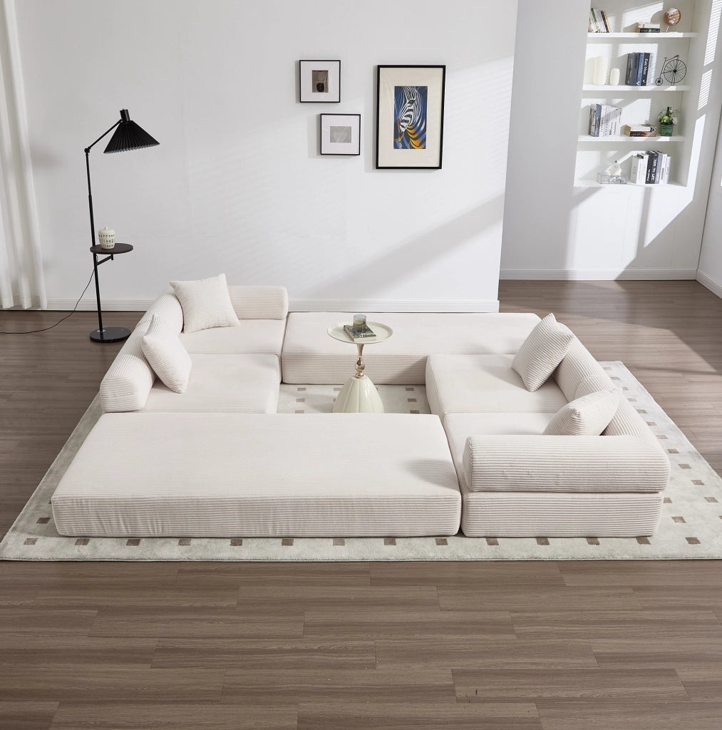 Divano modulare 270x180x64 cm con funzione letto e tasca laterale in corduroy beige