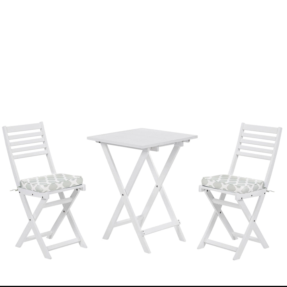 Set da bistrot 3 pezzi in legno massello di acacia bianco cuscini verde menta pieghevole a doghe design scandinavo moderno