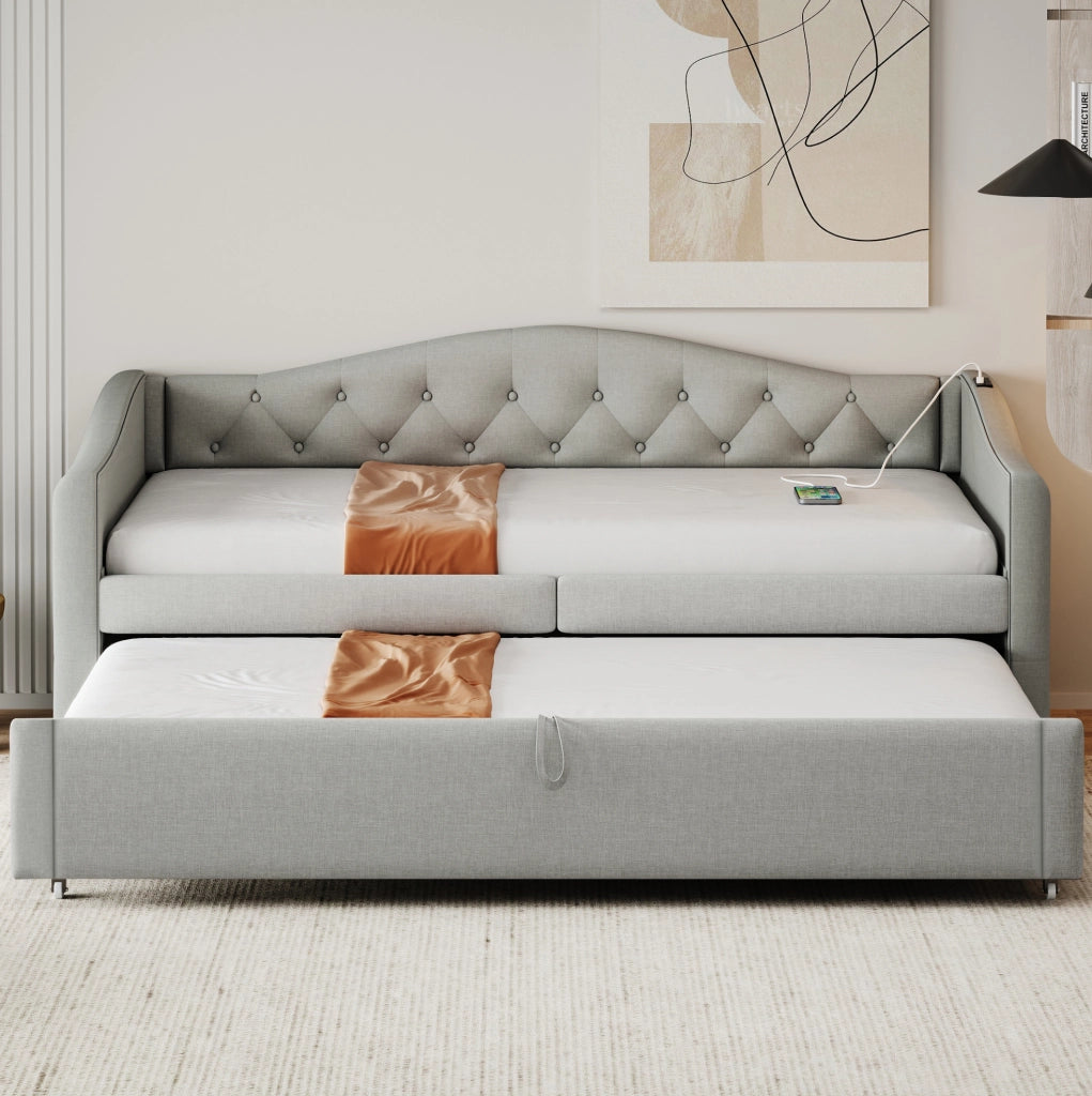 Letto imbottito 90x200 cm multifunzionale con USB in lino grigio