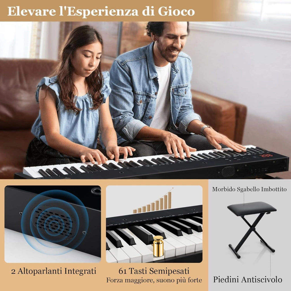 Set Pianoforte Digitale 61 Tasti, Tastiera Musicale con Sgabello Portatile, Pianoforte Elettronica con Supporto, Pedale Sustain, MIDI, USB e Funzione di APP Bluetooth
