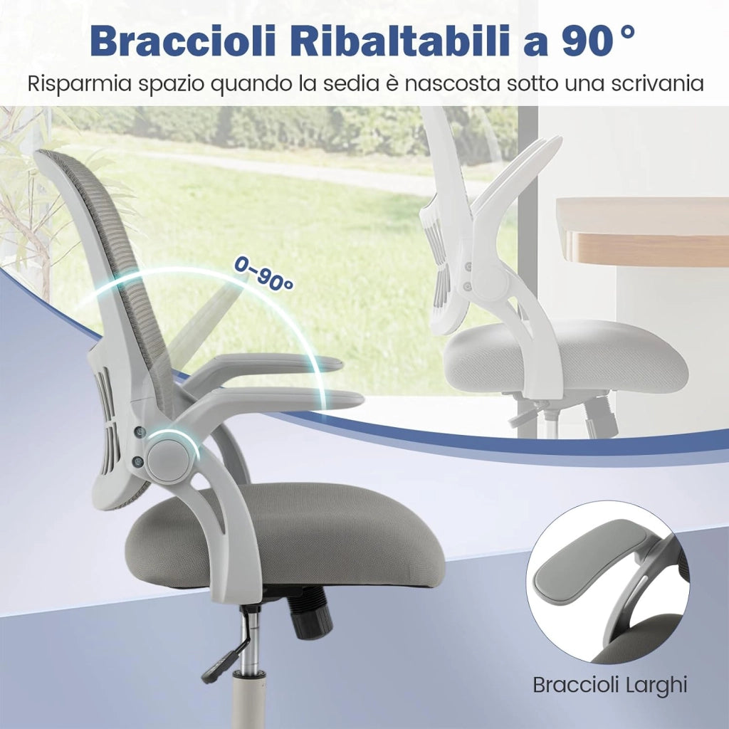 Sedia da Ufficio, Poltrona Ergonomica in Rete Traspirante con Braccioli Reclinabili, Poltrona da Scrivania Girevole Regolabile in Altezza con Ruote