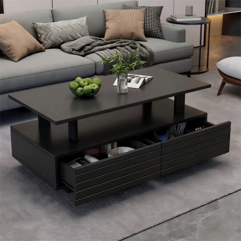 TAVOLO DA CAFFÈ LED 100x50x42 cm in acrilico nero con 2 cassetti
