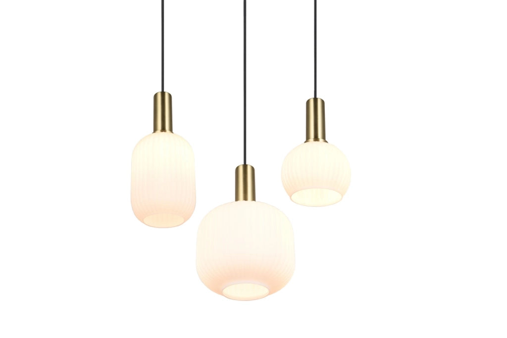 Lampadario tondo nero-ottone 3xE27 vetro bianco Diva Trio