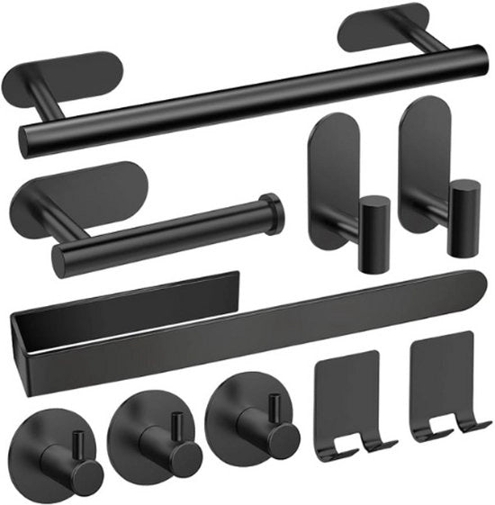 Set di asciugamani senza fori - 10 pezzi - Versione aggiornata - Set di asciugamani - Acciaio inossidabile compatto - Adesivi per bagno - Ideale per bagno - WC - cucina - ufficio - nero