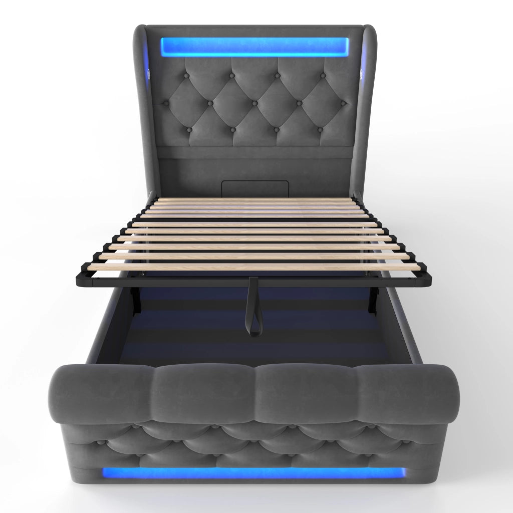 Letto Singolo 90x200 Imbottito in Velluto Grigio con Contenitore Idraulico; Luci LED e Prese USB/Type-C