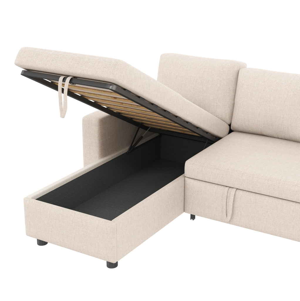 Divano letto angolare con chaise longue reversibile; contenitore e 2 cuscini; beige; 219;5 x 142;5 x 83 cm