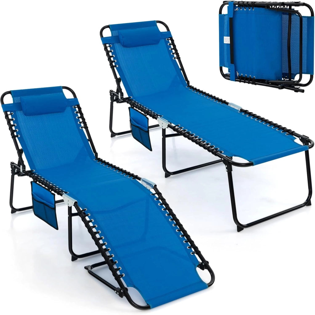 Lettino Prendisole Pieghevole con Schienale e Poggiatesta Regolabili, Sedia a Sdraio Versatile con Tasca Laterale, Ideale per Giardino, Campeggio, Spiaggia e Viaggi