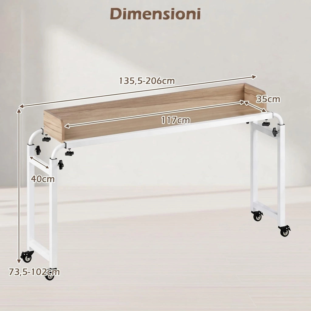 Scrivania da Letto con Ruote, Tavolino da Letto Salvaspazio con Altezza e Lunghezza Regolabili, Telaio in Metallo, Scrivania Portatile per Camera da Letto, Soggiorno e Ospedale (Naturale)