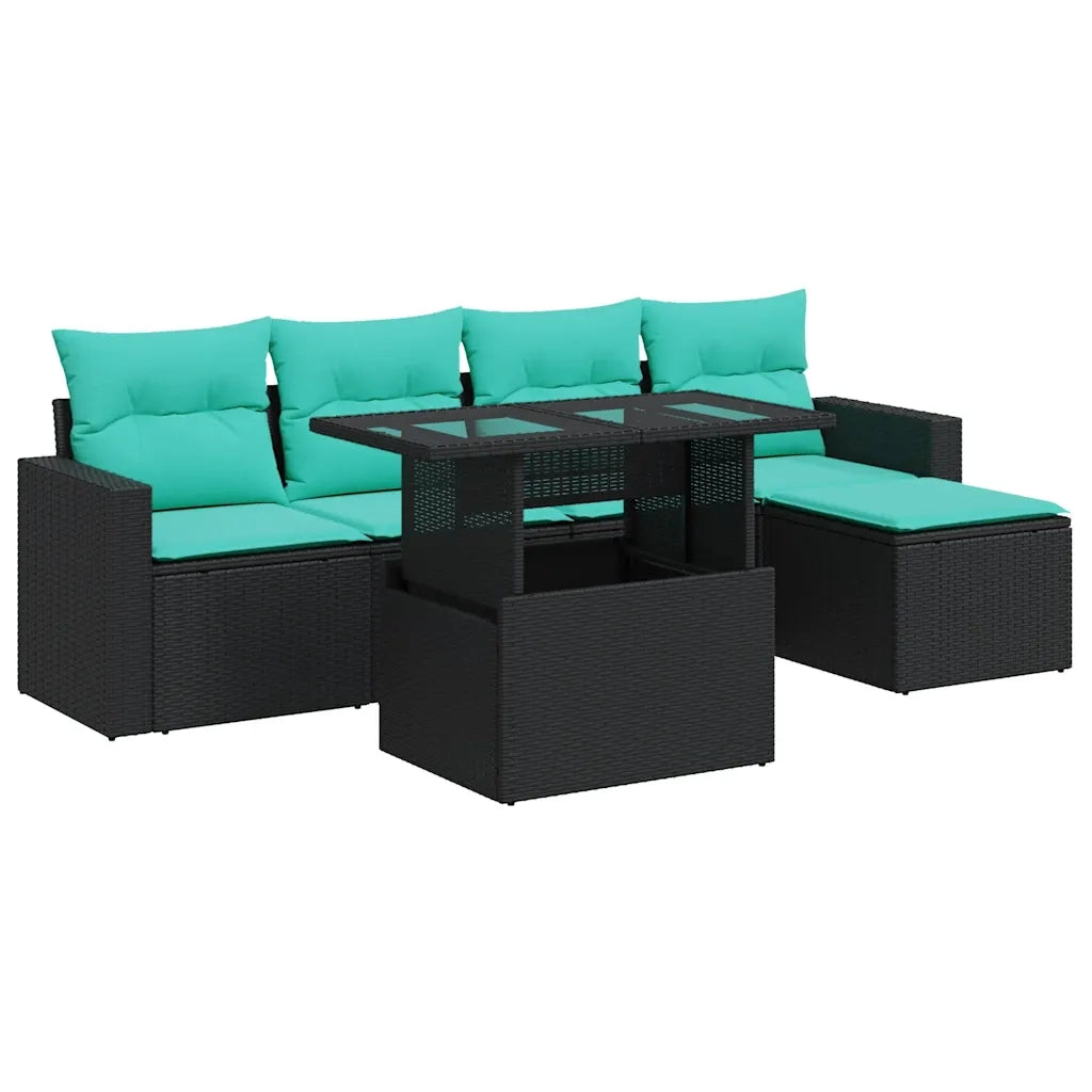 Set Divano da Giardino 6 pz con Cuscini Nero Polyrattan Acacia 3326298