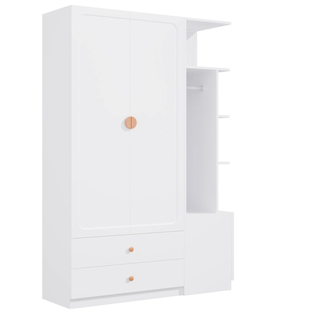 Armadio guardaroba bianco 200 x 135 x 45 cm con 2 aste e 2 cassetti