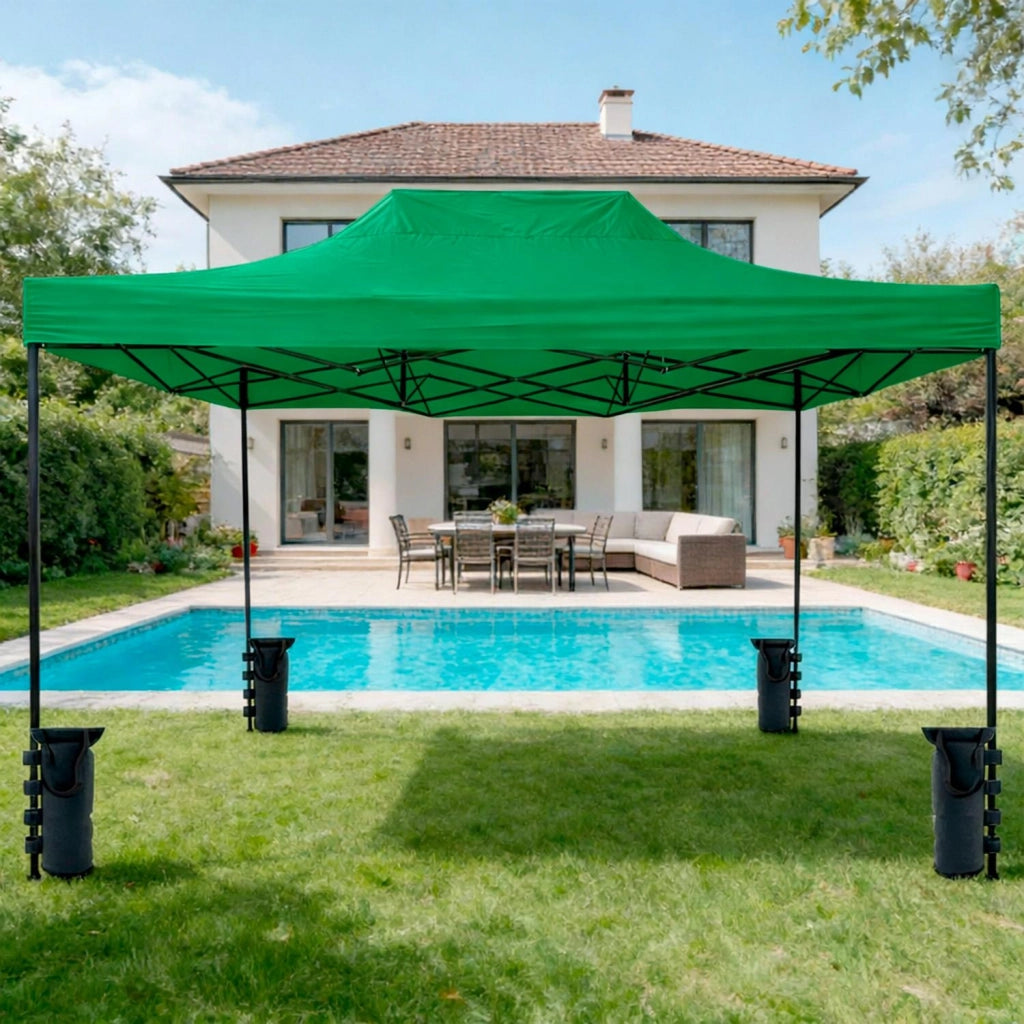Gazebo Professionale In Acciaio Richiudibile Automatico Con Telo Oxford 1200D PVC Impermeabile E Anti UV Struttura A Fisarmonica Completo Di Sacche Zavorra E Borsa Trasporto Per Sagre Feste Eventi 3x4.5 M Verde
