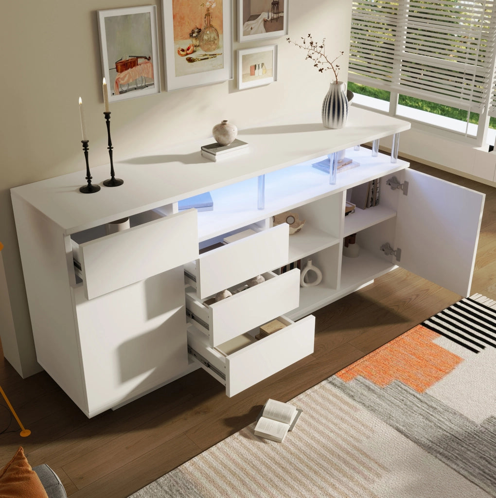 Credenza bianca 160 cm con LED, 4 cassetti e 2 ante