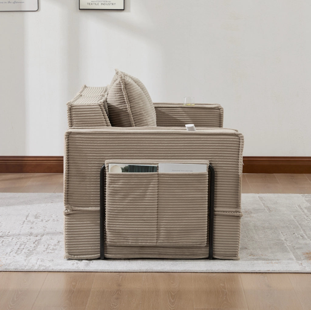 Divano letto 2 posti 162x78x66 cm kaki con tasche laterali, tessuto a coste