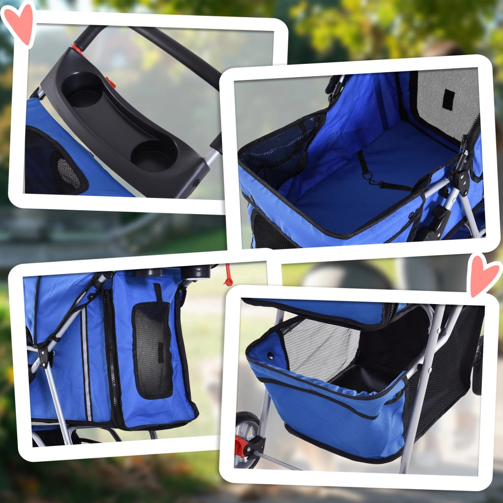 Carrello pieghevole per animali a 2 ripiegamenti con accesso a zip, cestello e 2 portabicchieri in poliestere blu