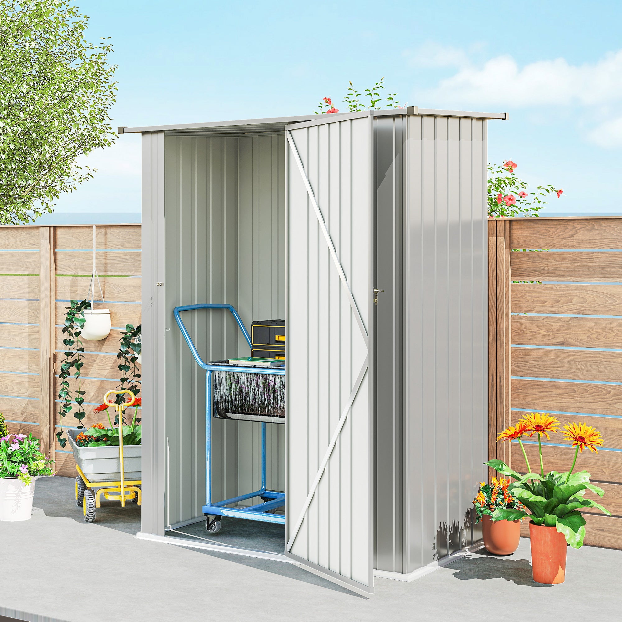 Capanno Porta Attrezzi 142x86x189 cm con Tetto Inclinato e Porta Bloccabile in Metallo Argento