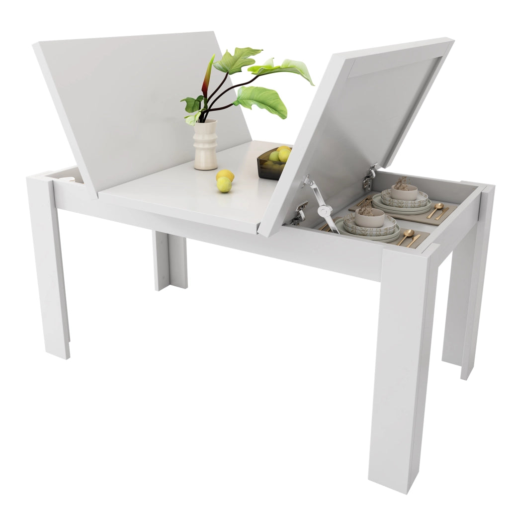 Tavolo da pranzo con piano ribaltabile e vano contenitore stile moderno per sala da pranzo e cucina in MDF bianco 120 × 70 cm