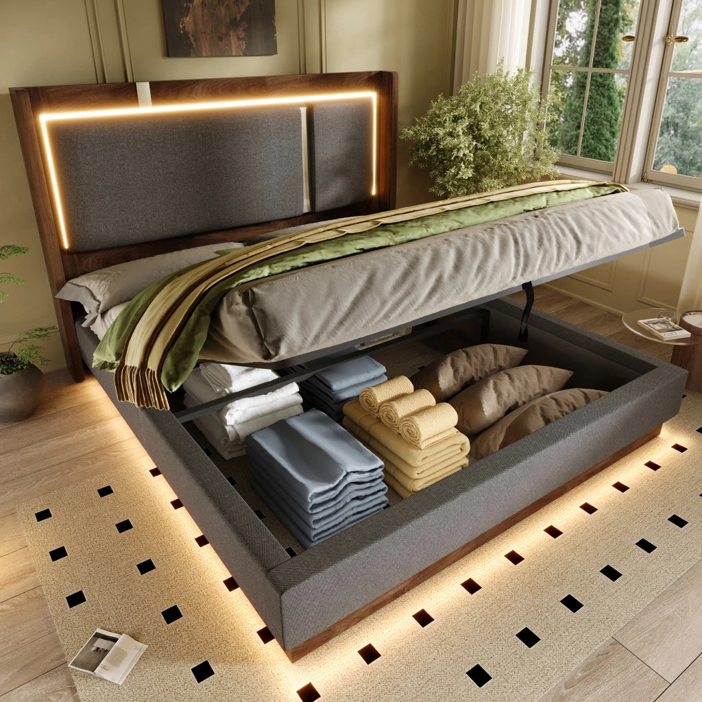 LETTO con contenitore e LED 160x200 cm Grigio e Noce