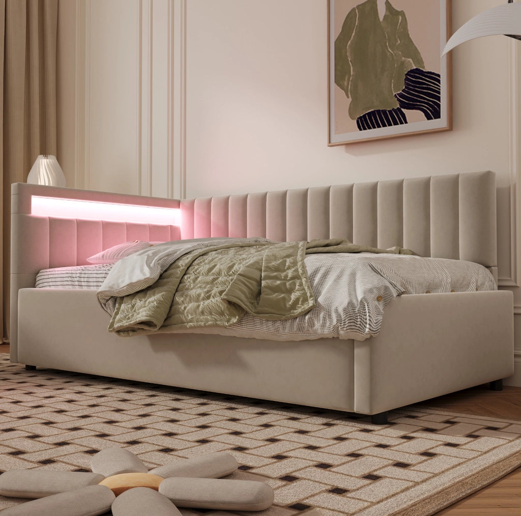 Divano letto imbottito con LED; vano contenitore idraulico; 90x200 cm; velluto beige