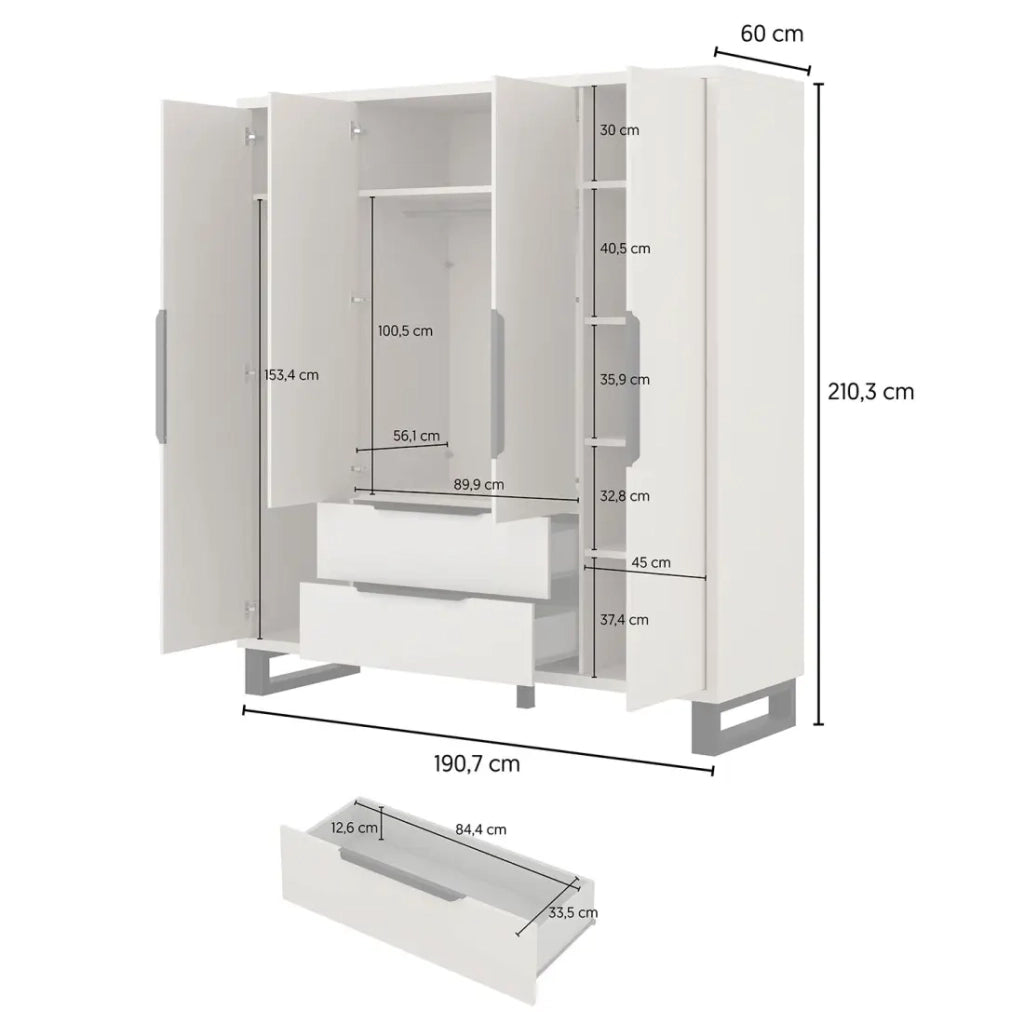 Armadio MILOS 4 porte cachemire con 2 cassetti e maniglie in metallo 191 cm