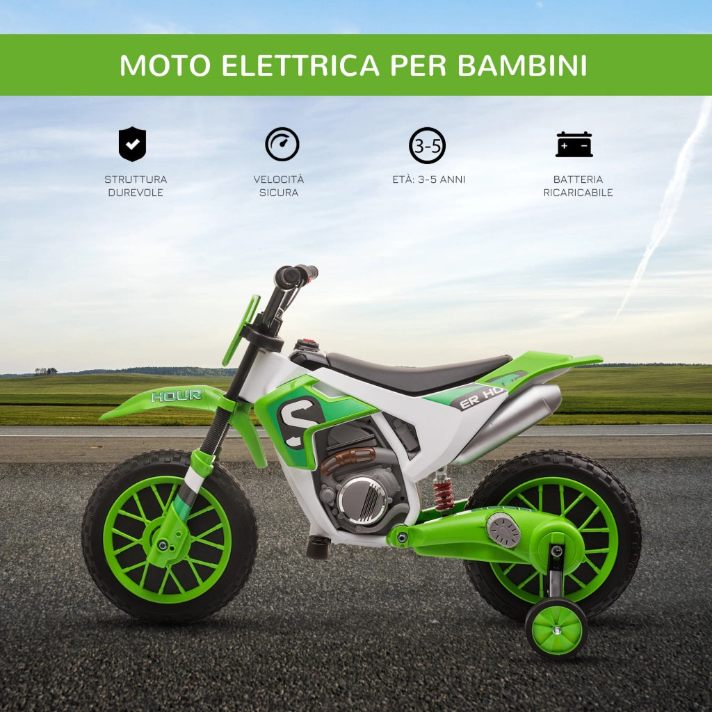 Moto da Cross Elettrica per Bambini con Rotelle, in PP e Metallo, 106.5x51.5x68 cm, Verde