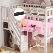 Letto a soppalco 90x200 cm con scrivania; scala contenitore e LED; bianco